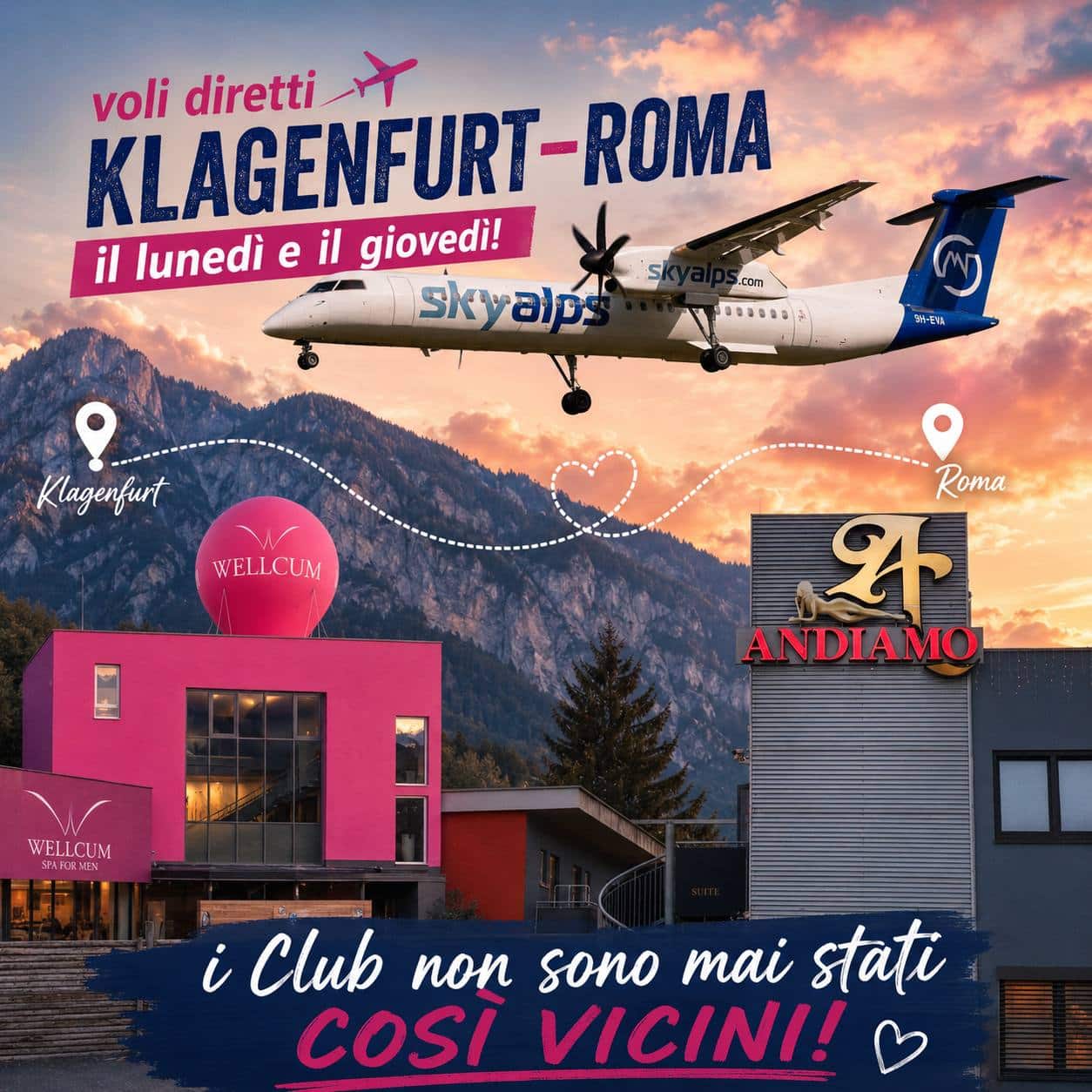 I CLUB NON SONO MAI STATI COSÌ VICINI! Dal 4 giugno è stato attivato un volo diretto che collega Roma a Klagenfurt il giovedì e la domenica, operato dalla compagnia SkyAlps: partenza da Roma il giovedì alle 9:45, ritorno da Klagenfurt la domenica alle 15:05. La durata del volo è di 1:40 minuti e il costo medio è di 135 euro a tratta, se prenotato per tempo. Vi ricordiamo che la distanza dall’aeroporto di Klagenfurt a Villach è di appena 40 km, percorribili poi in treno in 15 minuti circa. Per il momento è confermata l’operatività del volo per tutta l’estate. Se vivete in centro-sud Italia questa è la soluzione che fa per voi!